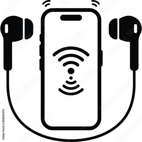 Smartphone with Wired Earbuds Vector, Mobile Music, Audio Streaming, and Wireless Connectivity Icon