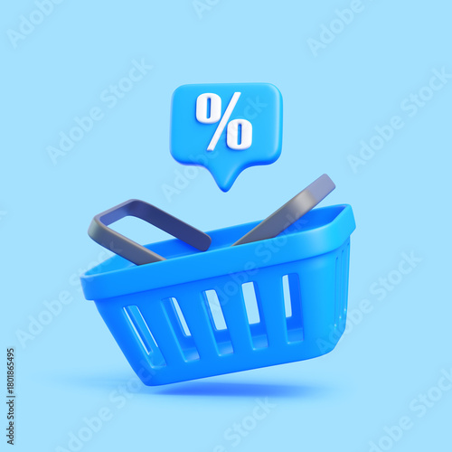Blue Shopping Basket with Discount Percent Symbol on Blue Background