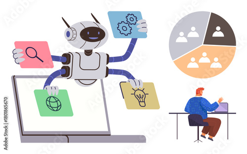 Robot sorts idea, search, and global data tasks on a laptop. User studies analytics. Ideal for AI, automation, data analysis, teamwork problem-solving innovation and productivity. A simple flat