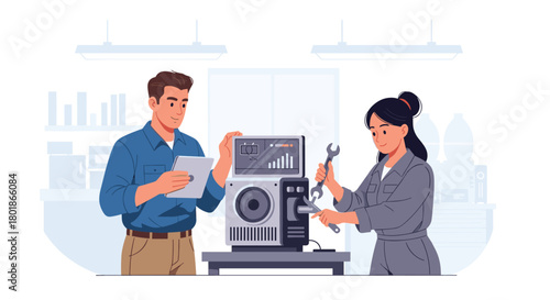 Skilled technicians collaborate on complex machinery repair, analyzing data on tablet in modern workshop environment