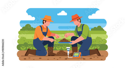 Farmers meticulously analyzing soil quality with advanced instruments amidst lush green fields under a clear blue sky