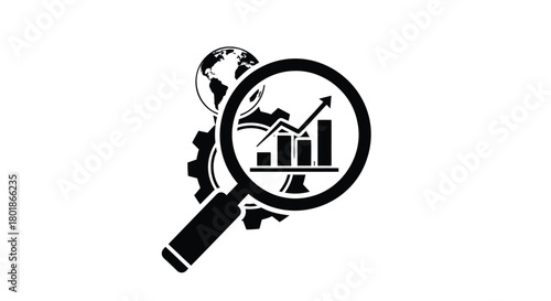 Magnifying glass over growing bar chart with gears and globe symbolizing global business analytics and research