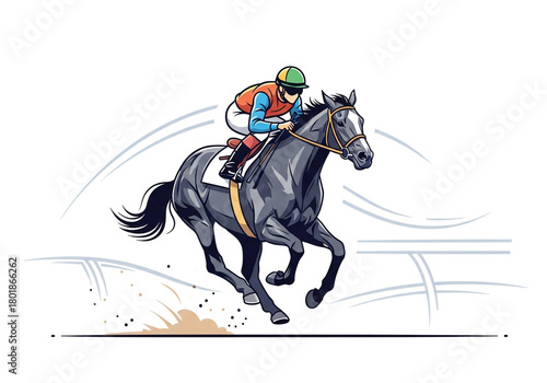 Dynamic horse racing illustration showcasing speed and skill, perfect for sports marketing and equestrian themed designs, capturing the thrill of the race