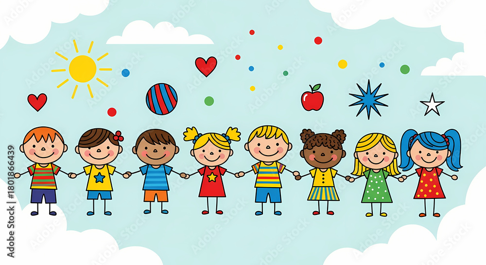 Naklejka premium Diverse Group of Children Holding Hands in a Colorful Illustration.