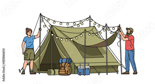 Adventurous couple sets up cozy campsite with twinkling lights and essential gear for an unforgettable outdoor escape