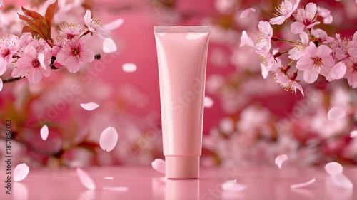 A blank pink cosmetic tube stands on a reflective surface surrounded by blooming cherry blossoms and falling pink petals against a soft-focus background