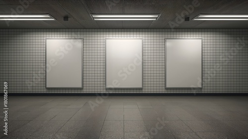 Fototapeta Naklejka Na Ścianę i Meble -  Three blank poster frames hanging in a subway station with bright lights, ready for advertisement or art display. The frames are placed on a tiled wall.