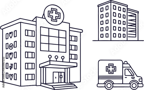 A comprehensive set of monoline medical icons featuring consistent stroke weight and diverse healthcare related symbols suitable for digital and print design applications