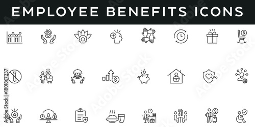 Employee Benefits Icons vector illustration with thin line editable stroke containing HR, work from home, health insurance, wellness, perks, pension, retirement, finance, parental leave, vacation.