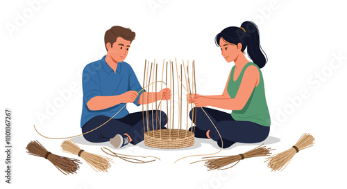 Joyful couple collaborates creating beautiful woven basket, embracing craft and connection in a shared creative endeavor