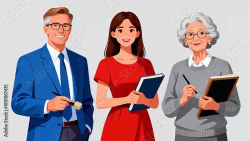 A collection of professional figures such as teachers, professors and lecturers, with cartoon hand-drawn vector illustrations