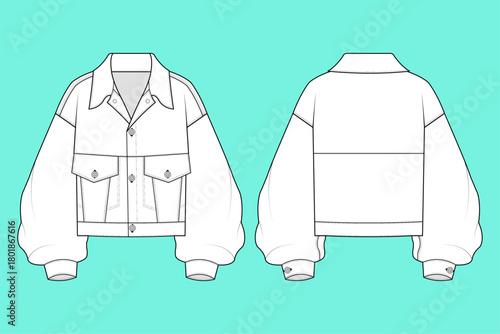 Women's Oversized Balloon Sleeve Crop Denim Jacket Fashion Technical Flat Sketch