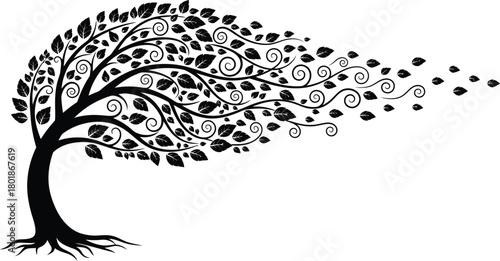 Windy tree vector illustration black and white nature design element eps silhouette