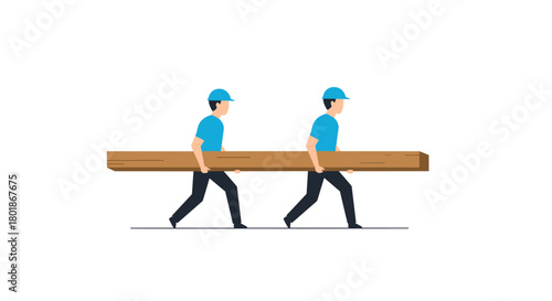 Two workers carrying a long wooden beam together, symbolizing teamwork and construction projects in a clean, modern style