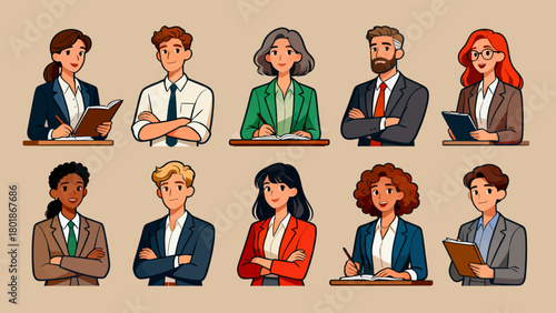 A collection of professional figures such as teachers, professors and lecturers, with cartoon hand-drawn vector illustrations