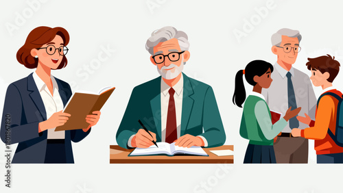 A collection of professional figures such as teachers, professors and lecturers, with cartoon hand-drawn vector illustrations