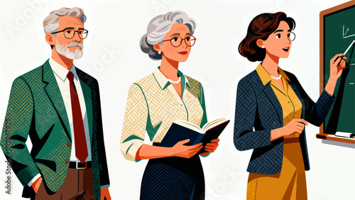 A collection of professional figures such as teachers, professors and lecturers, with cartoon hand-drawn vector illustrations