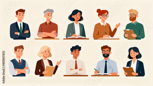 A collection of professional figures such as teachers, professors and lecturers, with cartoon hand-drawn vector illustrations