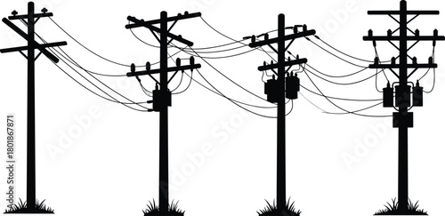 Silhouette illustration of wooden utility poles with electrical wires and transformers, showcasing power distribution network, rural infrastructure, overhead energy lines, vector design