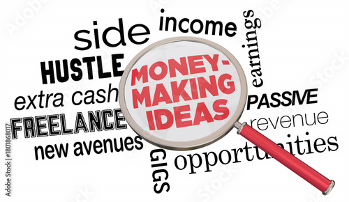 Cuadro en lienzo Money-Making Ideas Magnifying Glass Find Side Hustle Income Earnings 3d Illustra