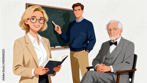 A collection of professional figures such as teachers, professors and lecturers, with cartoon hand-drawn vector illustrations