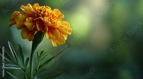 Close-up of a vibrant orange marigold flower blooming in a lush garden.