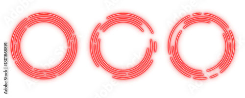 Red circle cyber tech neon light set shaped object elements isolated on white background