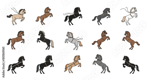 Illustration of horses rearing up in various colors and styles, showcasing different breeds and coat patterns.