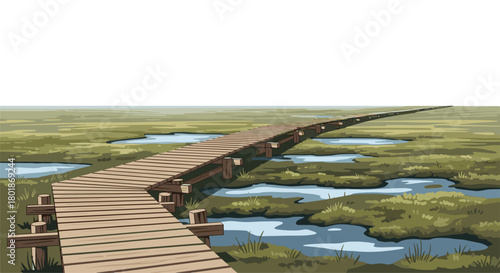 Wooden boardwalk winds through serene marshland with tranquil water reflections creating a peaceful natural pathway