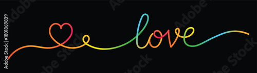 Rainbow gradient heart and love text on black background vector. Love Graphic Design