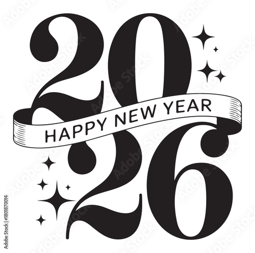 Elegant 2026 New Year vector illustration with stars and ribbon for festive designs and greetings