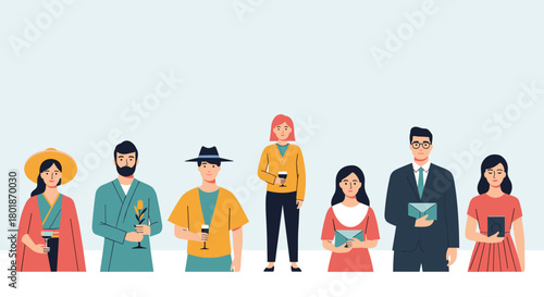 Diverse group of stylish people gathered for a sophisticated event, holding drinks and envelopes, celebrating connection and community