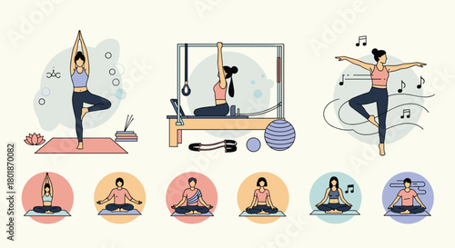 Inspiring women embrace fitness and mindfulness through yoga, Pilates, and dance, promoting holistic well-being and healthy lifestyles