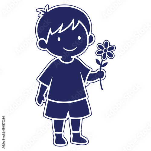 Illustration of a happy boy holding a flower single color graphic design element for childrens book or educational material