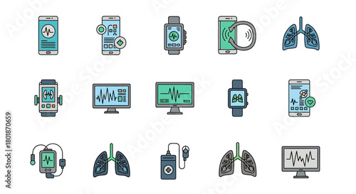Collection of medical technology icons, including smartphones, smartwatches, monitors, and lungs, representing healthcare and digital health solutions.