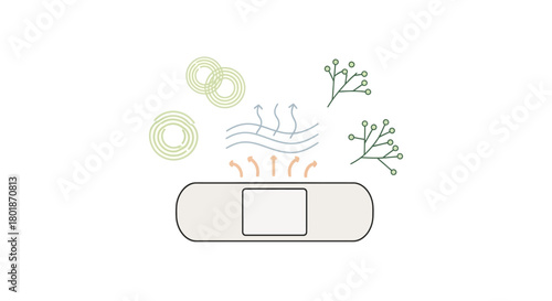 Illustration of a bandage with herbs and air waves above it.