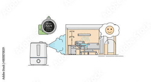 Illustration of a humidifier in a hospital room, showing humidity level and a happy face.