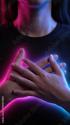 Person wearing black shirt with hands crossed over chest, lit by pink/blue neon glow