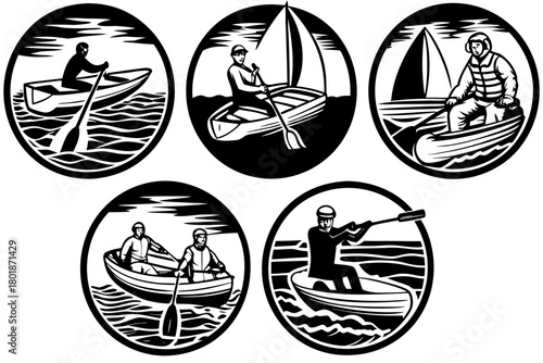 Boating and rowing sports vector icon set in black and white