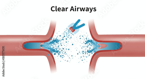 Illustration of clear airways with blue liquid and medical tool.