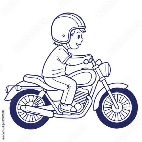 Illustration of a smiling boy riding a motorcycle wearing a helmet depicting carefree youth and freedom of exploration