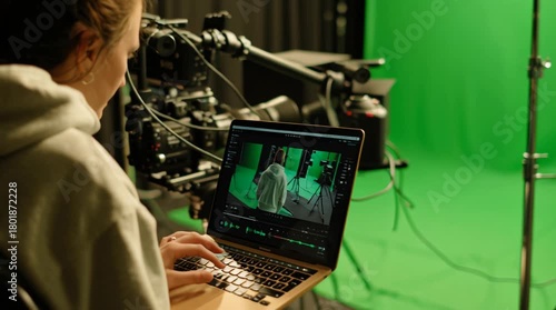 Filmmaker working on a laptop in a green screen studio, editing video footage.