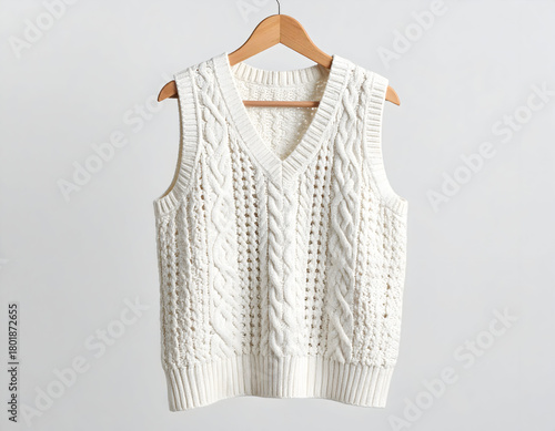 White Cable Knit Sweater Vest on Wooden Hanger