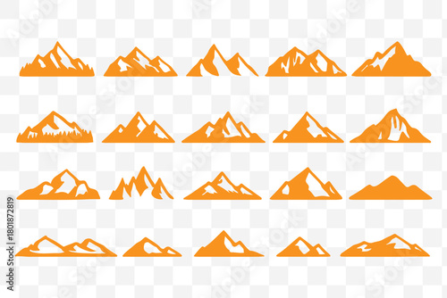 Set of mountain silhouette, hiking hill peak symbol, forest nature landscape and camping logo with christmas tree. Mountain silhouette pattern, background, icon or line art for summer travel business