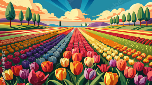 Very beautiful colorful tulip field in full bloom in Cream Ridge, Upper Freehold, New Jersey, featuring vibrant rows of spring flowers stretching across gently rolling farmland beneath soft daylight.