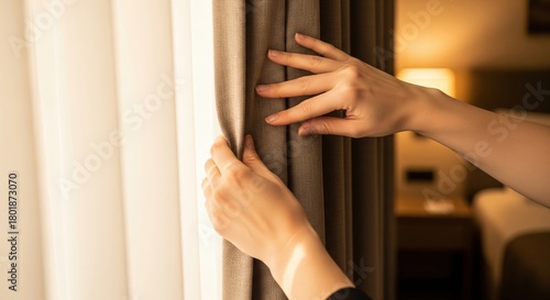 Close-up of a housekeeper's hands adjusting a curtain in a hotel room – daily housekeeping routine, hotel room service poster