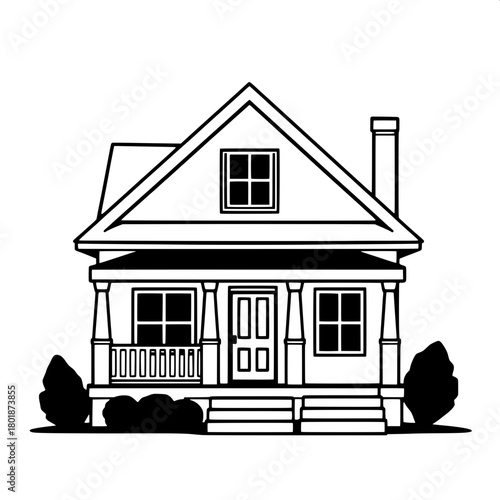 “A clean, modern house silhouette drawn with thick black outlines, depicting a two-sloped roof, chimney, and simple façade in a perfectly frontal, balanced composition.”

“A high-contrast, black-and-w