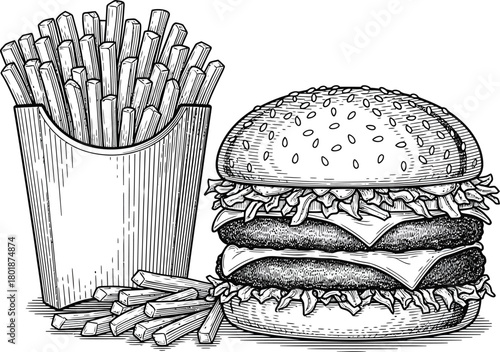 Delicious burger and fries vector illustration for fast food concept eps silhouette