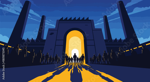An illustration of a factory with people silhouetted in the doorway, rendered with a pixelated style and a limited palette of blues and yellows, creating a stylized scene.