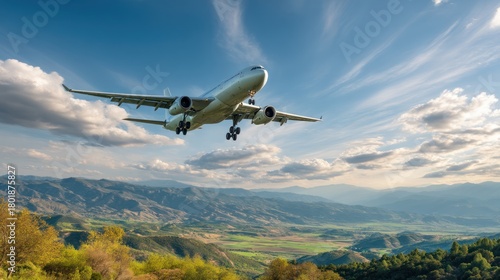 Wallpaper Mural A commercial airplane soaring through the sky over a beautiful landscape during the day. Torontodigital.ca